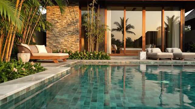 Luxury outdoor swimming pool with modern sun loungers, tropical plants, bamboo, stone wall and sunset reflections on villa glass doors, perfect for resort marketing