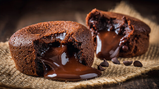 A close-up of two chocolate lava cakes on a burlap cloth with melted chocolate flowing out