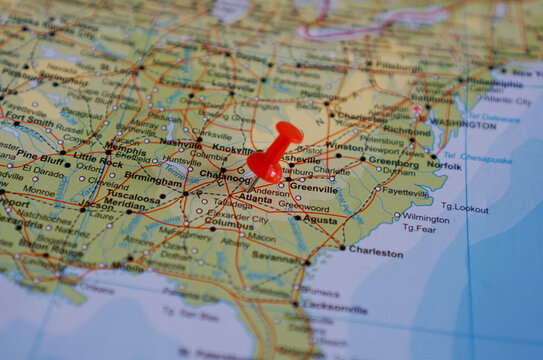 view of Atlanta, Capital city of Georgia, United States on the geographical map is marked with a red pin