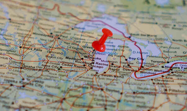 view of Milwaukee, Wisconsin, United States on a geographic map marked with a red pin