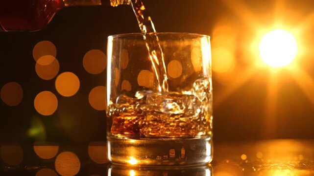 Amber whiskey in a glass with ice, glowing sunset bokeh in the background.
