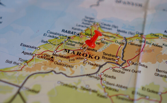 view of Morocco on a geographical map of Africa marked with red pushpin