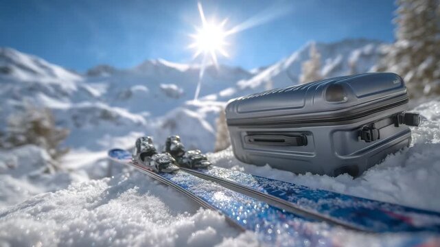 Artistic composition of winter travel essentials, skis, suitcase, and snow gear arranged on sparkling snow, clear sky and sunlit peaks behind, emphasizing alpine adventure and prep