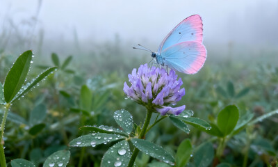 Fototapeta premium Susurro de cristal: Mariposa bajo el rocío Mariposa azul y rosa sobre flor de trébol con gotas de agua Naturaleza en calma