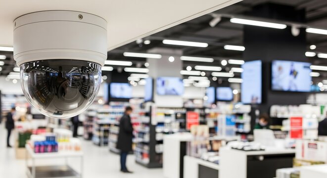 Security Surveillance Camera in Retail Store, CCTV Monitoring and Loss Prevention Technology, Modern Shop Security System, Customer Safety and Retail Protection Concept