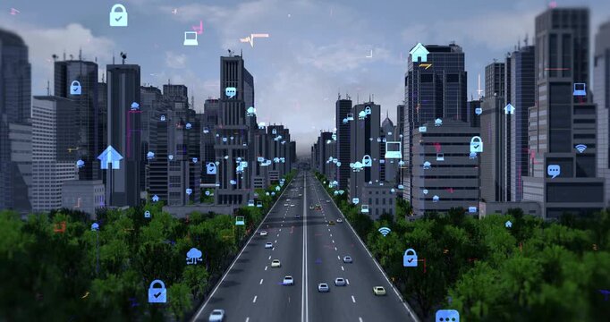 Smart city connectivity with flying technology icons night to day. Technology Related 3D 4K Animation.