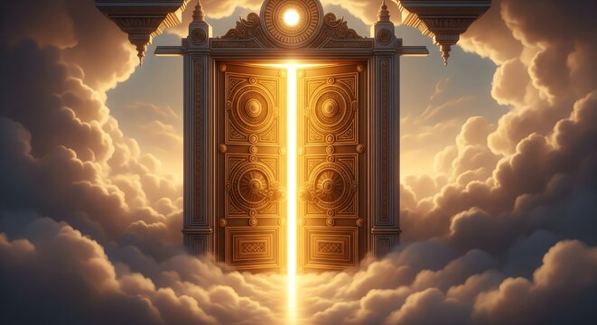 Golden Magical Door Opening in the Clouds, Fantasy Heaven Gate Concept, Light and Divine Portal, Spiritual Awakening and Mythical Realm Illustration Background