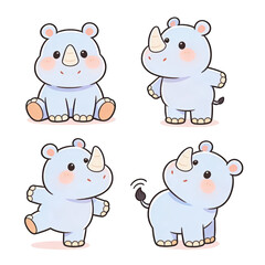 Obraz premium Cute rhino cartoon character playful pose set adorable expression collection for kids