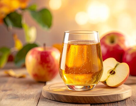 Fresh Apple Cider in a Glass with Red Apples on a Wooden Table.