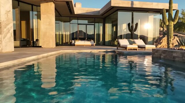 Modern desert luxury house with infinity swimming pool, cactus landscaping, and mountain backdrop under clear blue sky, perfect for real estate promotions