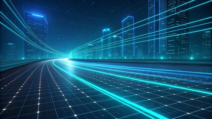 Naklejka premium Futuristic city highway with neon light streaks and digital grid, representing advanced technology and connectivity
