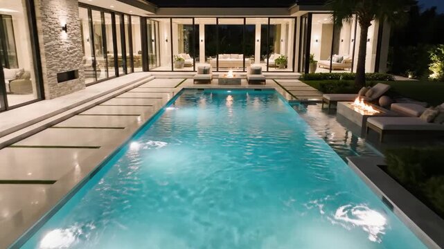 Modern luxury backyard infinity pool illuminated at night with fire pits and palm trees, perfect for outdoor relaxation and evening gatherings