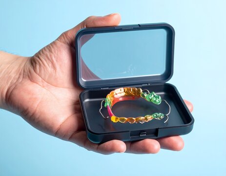 Hand holding a clear dental retainer in an open case, showcasing modern orthodontic solutions for teeth alignment.