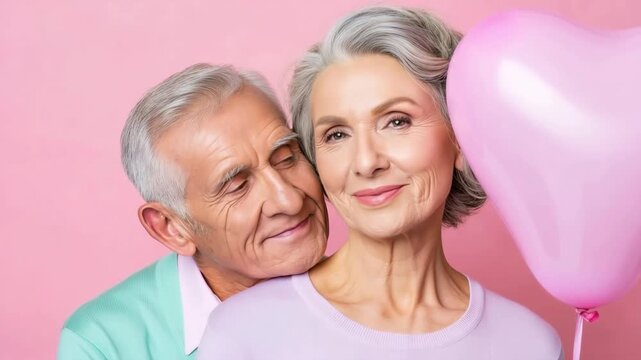 Elderly couple sharing a tender moment with a heart shaped pink balloon against a soft pink backdrop, gentle affection and companionship celebrating lasting love and graceful aging together