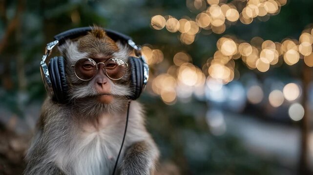 Cinematic close-up of a monkey wearing headphones, sunset highlights catching the glossy finish of the tech accessory, soft forest bokeh behind, meditative and whimsical tone
