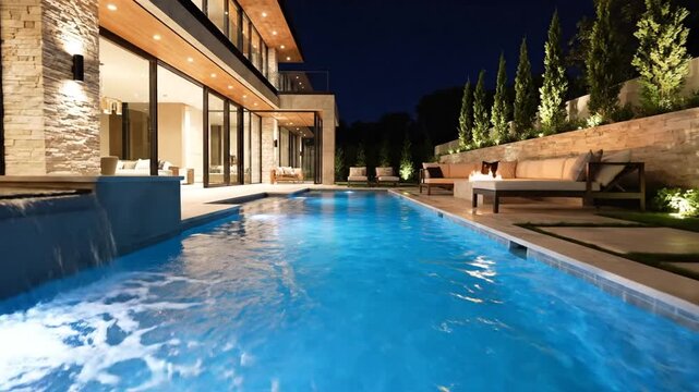 Modern luxury backyard swimming pool with waterfall feature and outdoor lounge area at night, illuminated for relaxing evenings