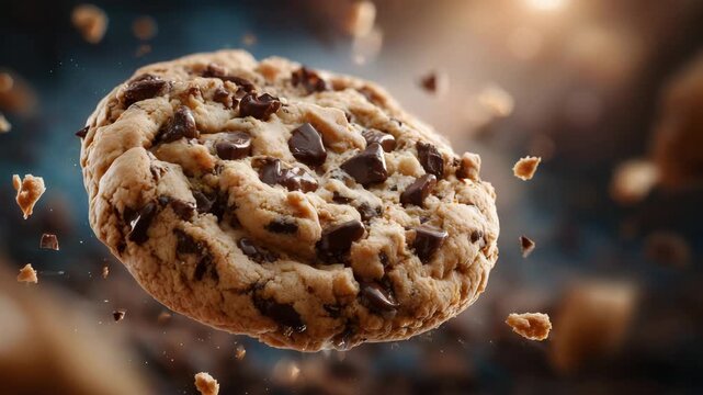 Chocolate chip cookie floating against a softly blurred background, crumbs frozen mid-motion, warm highlights emphasizing texture and freshness, comforting sweet treat visual