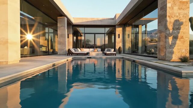 Modern luxury desert home with large glass windows, stone pillars, outdoor seating, and a reflective swimming pool at sunset
