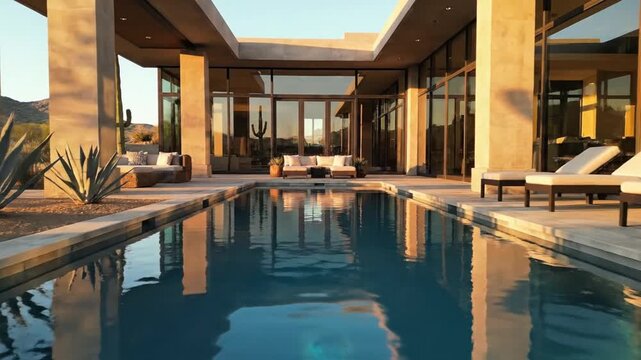 Modern luxury desert home with outdoor swimming pool, lounge chairs, cactus plants and large glass windows at sunset