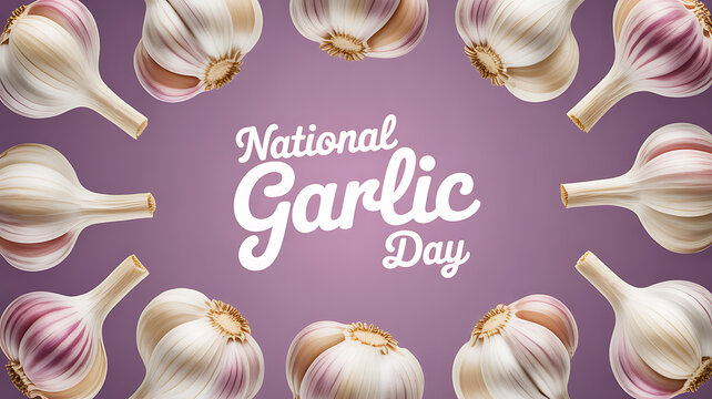 National Garlic Day celebration with garlic bulbs arranged around text on a purple background