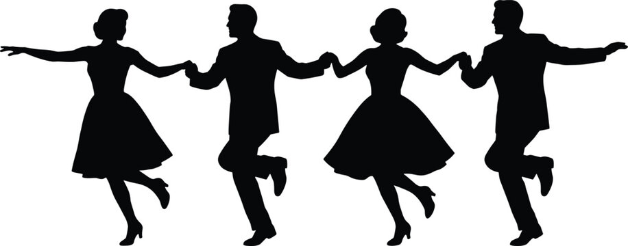Group of Vintage Style Silhouettes of Men and Women Holding Hands and Dancing Together in a Retro Celebration Performance and Community Event Concept Isolated on White