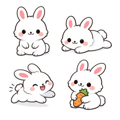 Cute bunny cartoon rabbit fluffy animal kawaii style carrot happy adorable set collection