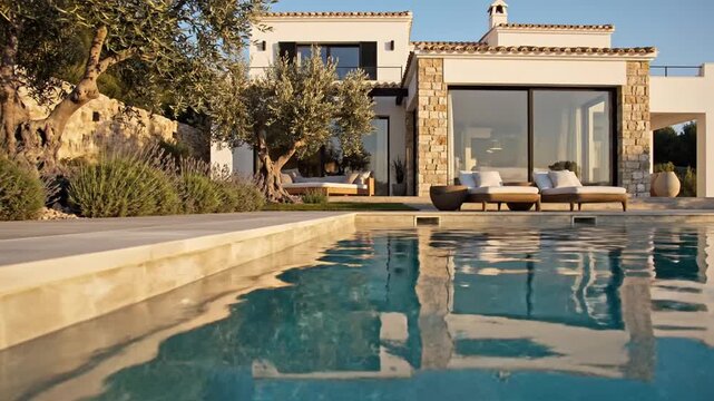 Modern luxury villa with glass walls, stone accents, olive trees, poolside lounge chairs, and serene pool reflecting sunset, ideal for real estate or vacation promotion