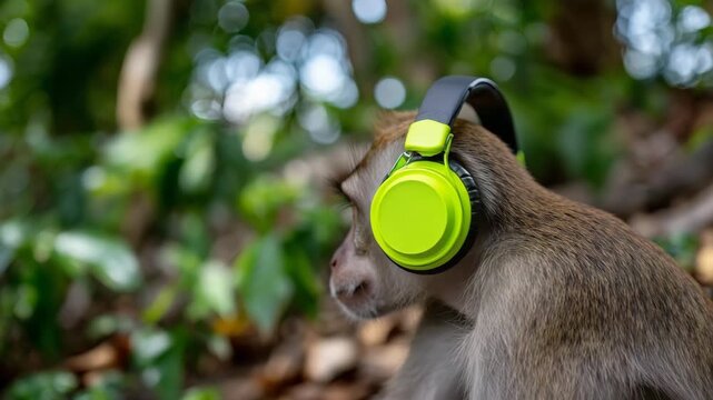 Close-up of a monkey with neon green headphones, thoughtful expression, blurred jungle background, contrast between vivid tech accessory and natural environment, reflective and whi