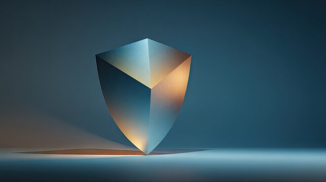 Abstract geometric shield symbol with metallic surface and soft lighting
