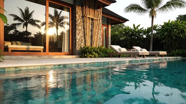 Modern tropical villa with stone facade, bamboo decor, glass doors, swimming pool, lounge chairs, palm trees at sunset, luxurious outdoor living space