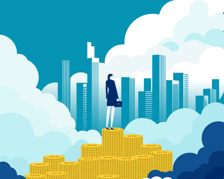 Investment. A woman stands on a stack of coins stacked on a staircase with a city skyscraper in the background