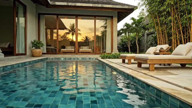 Modern Villa Swimming Pool with Comfortable Wooden Sun Loungers and Tropical Bamboo Garden at Sunset