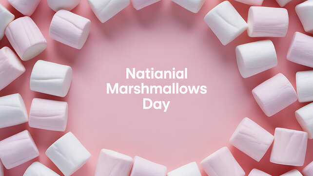 National Marshmallows Day celebrated with white marshmallows arranged in a circle on a pink background