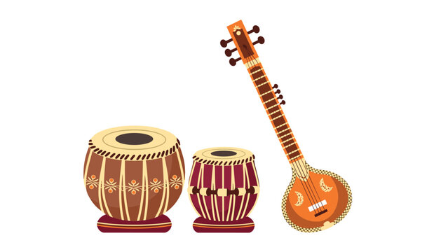 Traditional indian musical instruments with tabla and sitar on white background