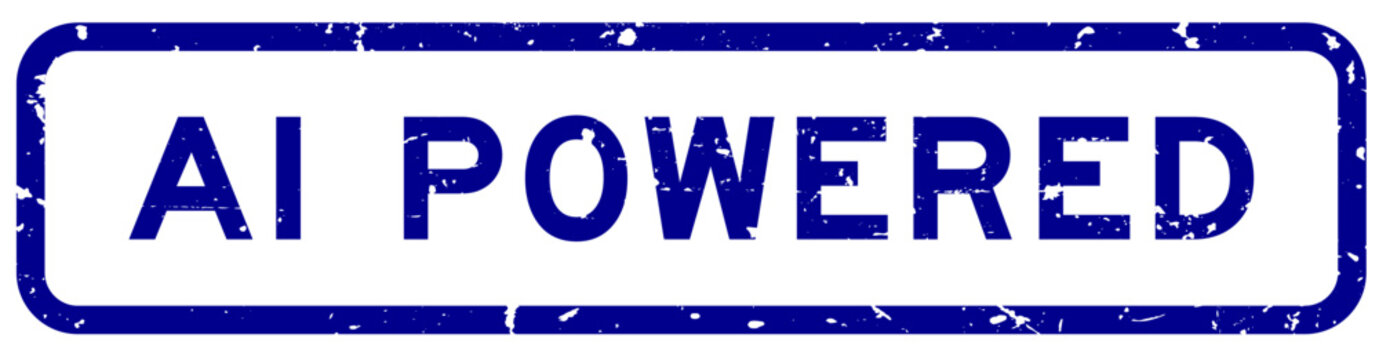 Grunge blue AI powered word square rubber seal stamp on white background