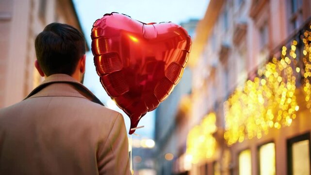 Lonely man with red heart balloon on valentine day in evening city street, back view coat, warm bokeh lights, solitude mood, unrequited love, waiting for message