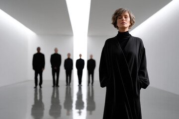 Obraz premium A woman in elegant black attire stands confidently in a minimalistic space with figures in the background, representing strength, individuality, and modern aesthetic.