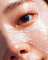 Fototapeta premium Skin Care Close-up: a radiant close-up of skin, highlighting the delicate application of a skincare product, showcasing healthy, vibrant skin and the ritual of self-care.