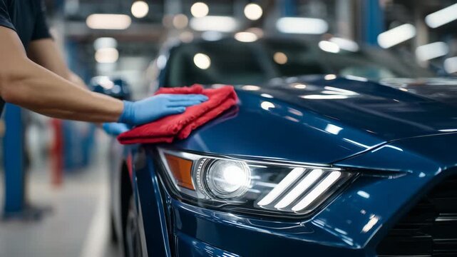 Close-up of gloved hand polishing a sleek car headlight, red microfiber cloth in motion, subtle reflections on smooth surface, dim garage lighting casting soft shadows, emphasizing