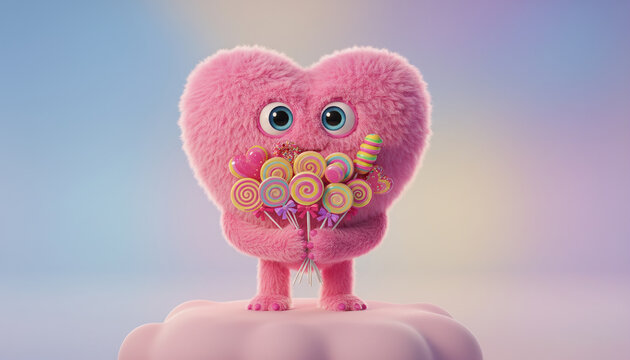 Cute 3D fluffy pink heart character holding colorful lollipops on pastel background