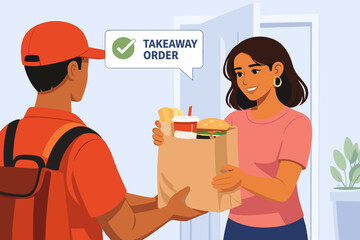 Woman receiving takeaway food order from delivery courier at home vector illustration