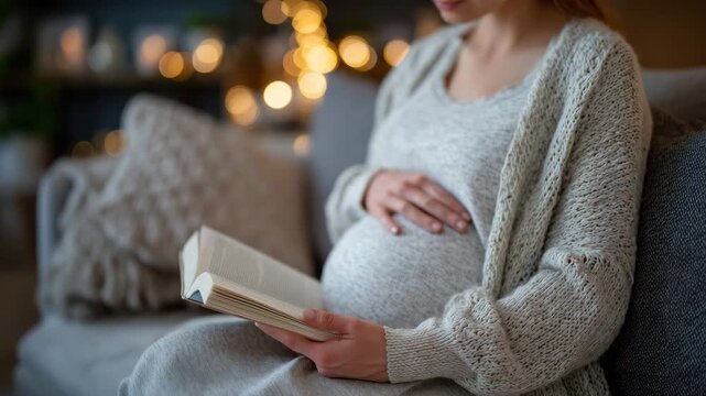 Close-up of pregnant woman&rsquo;s hands holding a book, belly gently resting against chair, soft warm lighting, cozy home background with blurred cushions and blankets, peaceful and ref