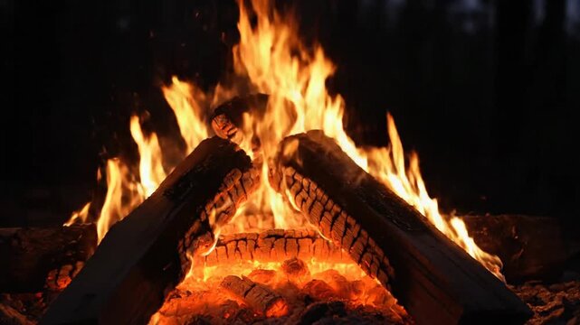 Cozy campfire burns brightly at night casting warm glow over logs and campsite.