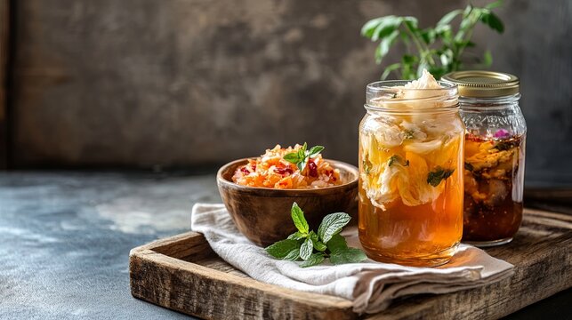 owls of assorted fermented foods with yogurt &mdash; kimchi, sauerkraut, fermented carrots, beets, pickled cucumbers, radish, onions, garlic, peppers. Top-down view, vibrant, rustic, natural light, close-up