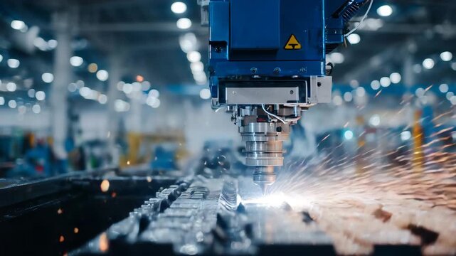 Close-up of robotic CNC arm shaping metal, sparks and glowing reflections on machined surface, modern workshop environment, highlighting automation and artisanal detail in manufact