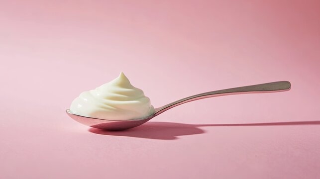 yogurt in a spoon, minimalist style, modern food photography, clean background, natural light, close-up, creamy texture, simple and elegant