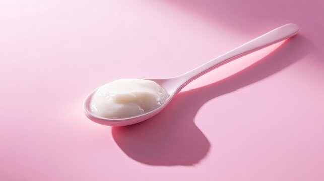 yogurt in a spoon, minimalist style, modern food photography, clean background, natural light, close-up, creamy texture, simple and elegant
