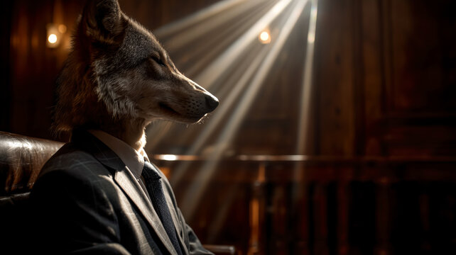 Wolf in Suit: Canine Charisma and Style in a Formal Setting, Artistic Portrait