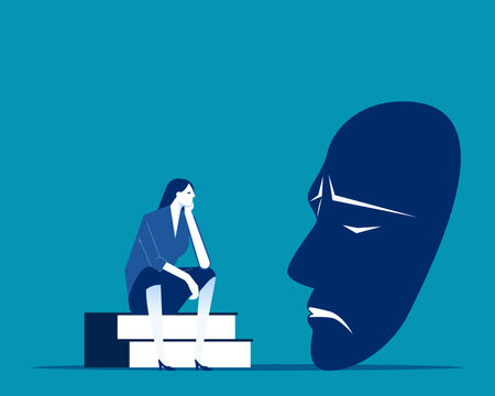 Mask. A suffering businessman huddles among masks