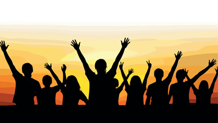 Fototapeta premium Group of people celebrating at sunset with raised arms silhouette